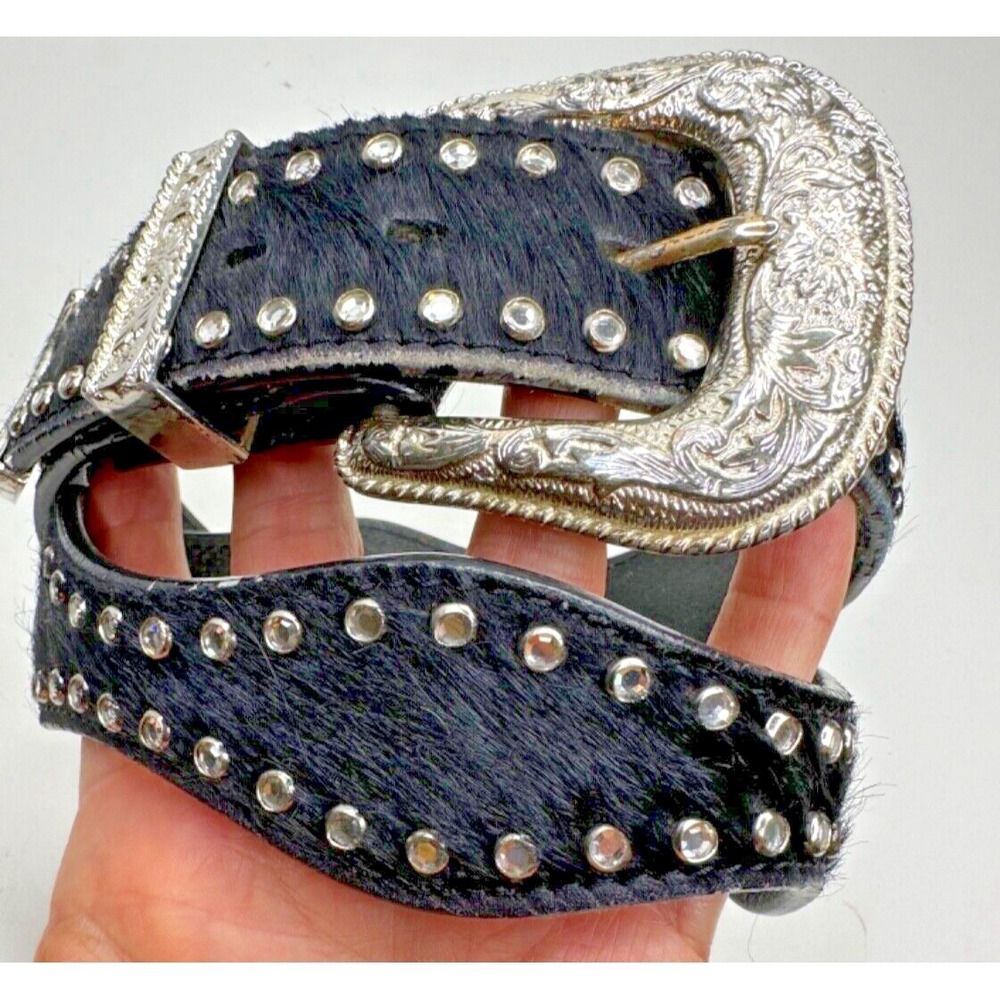 Ranger Belt Company Black Pony hair Leather Rhinestones Wavy Silver Buckle 32